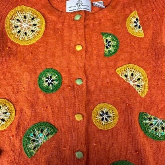 Design Options M Citrus Cardigan Sweater Orange Lime Lemon Crochet Art to Wear - Picture 5 of 8